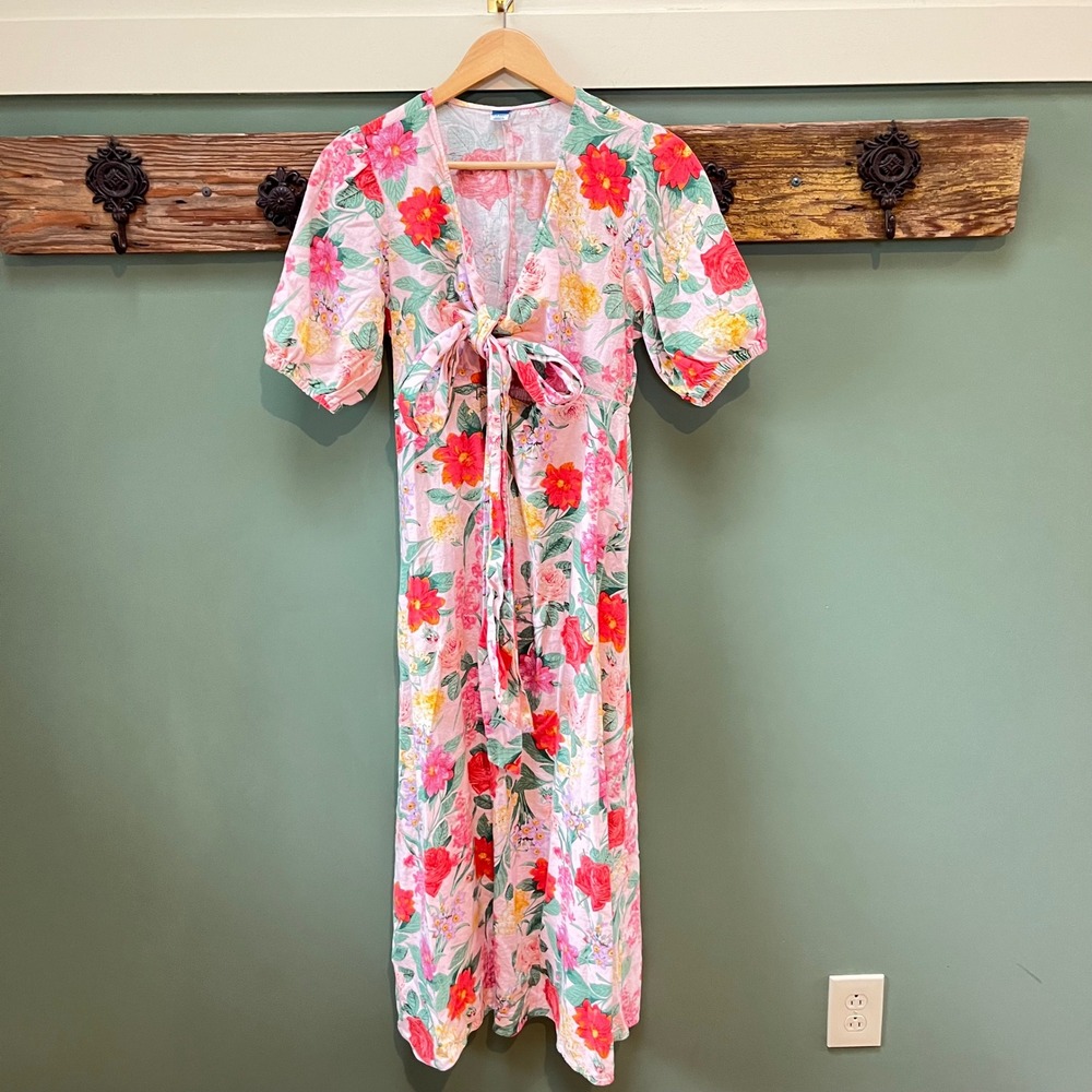Old‎ Navy Womens Pink Floral Linen Blend Tie Front Puff Sleeve Midi Dress Size M